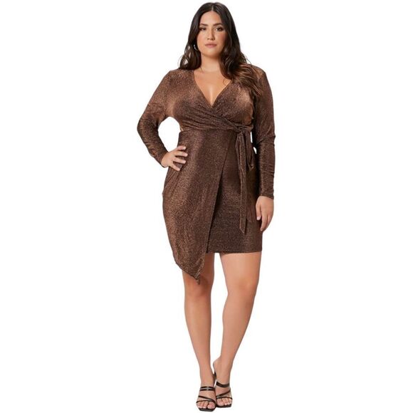 SHEIN BAE Bronze Plus Surplice Neck Wrap Knot Glitter Dress - Picture 5 of 11